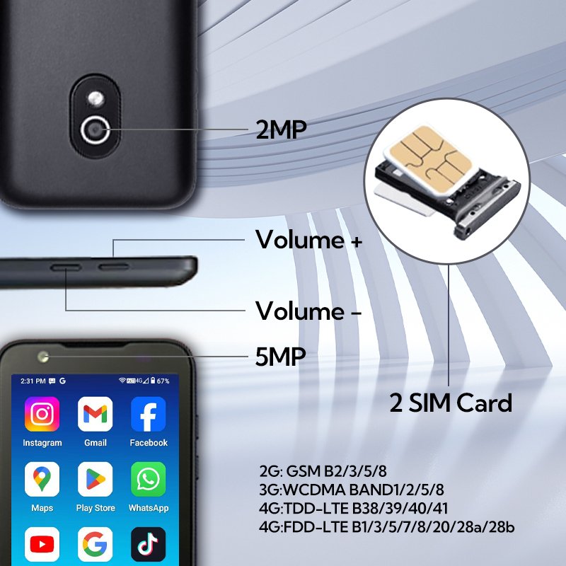 TIQ MINI M5S Dual SIM Card Smart Button Touch Screen 3+32GB Google Play MTK6761 Mobile Phone Android 13